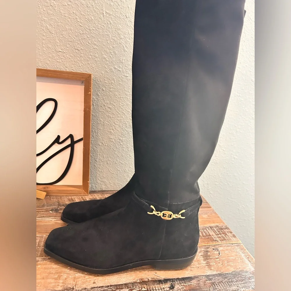 Sam Edelman Women's Clive Gold Buckled Black Velvet Riding‎ Boots Size 8.5